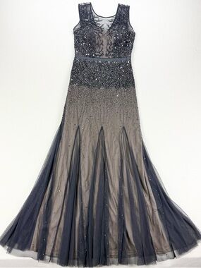 Adrianna Papell Sleeveless Beaded Illusion Gown Gunmetal Prom Graduation Dress